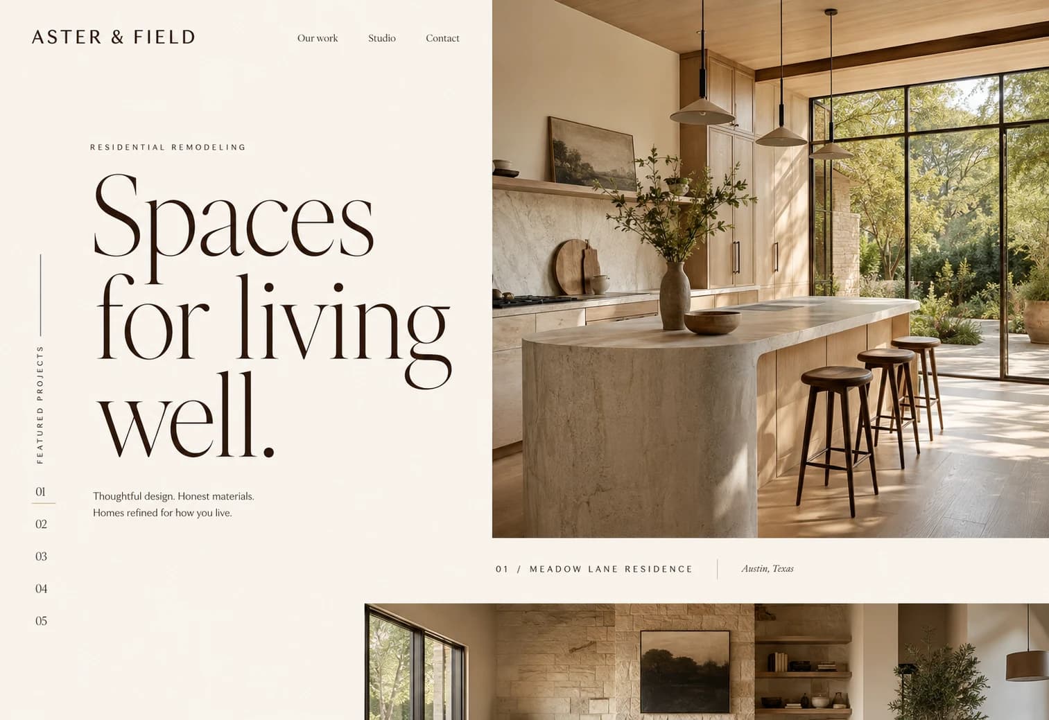 Aster & Field design study: warm serif typography beside a sunlit oak and limestone kitchen.