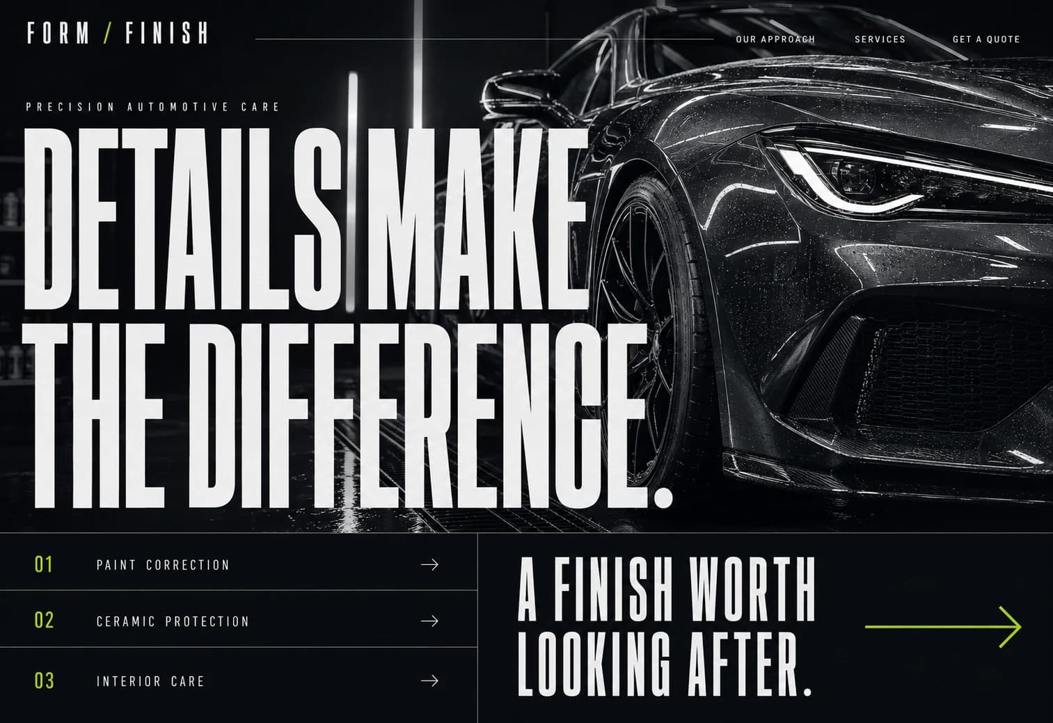 Form / Finish design study: cinematic vehicle photography, condensed type and lime accents on charcoal.