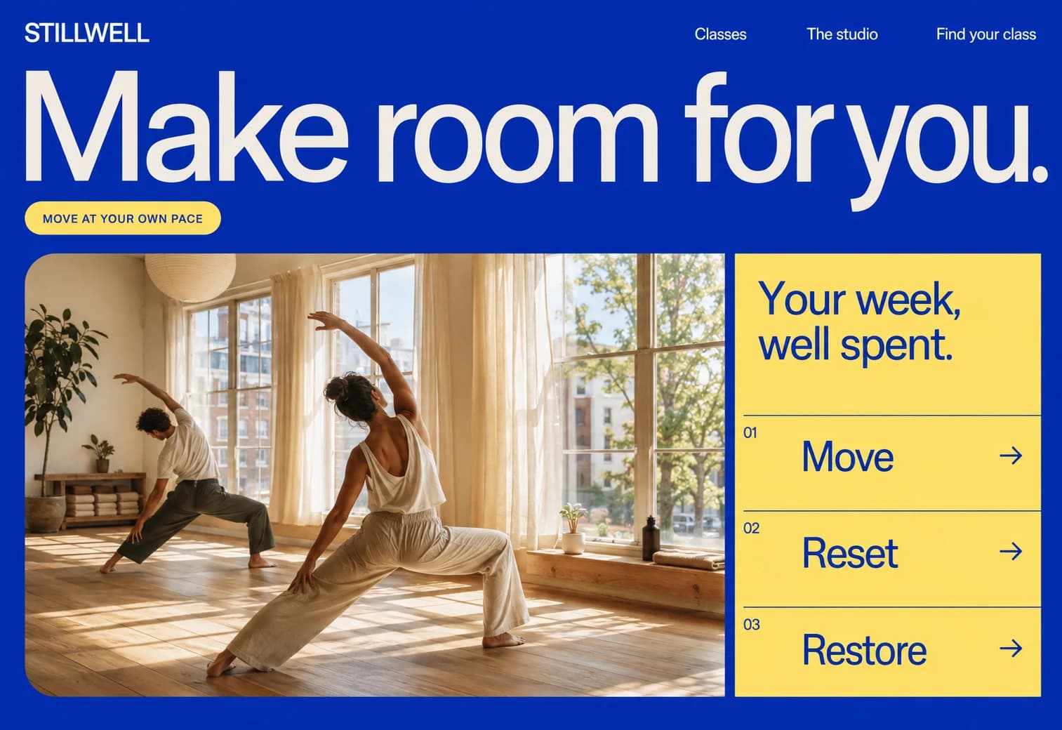 Stillwell design study: oversized white type, cobalt blue, a sunlit movement studio and a yellow schedule panel.