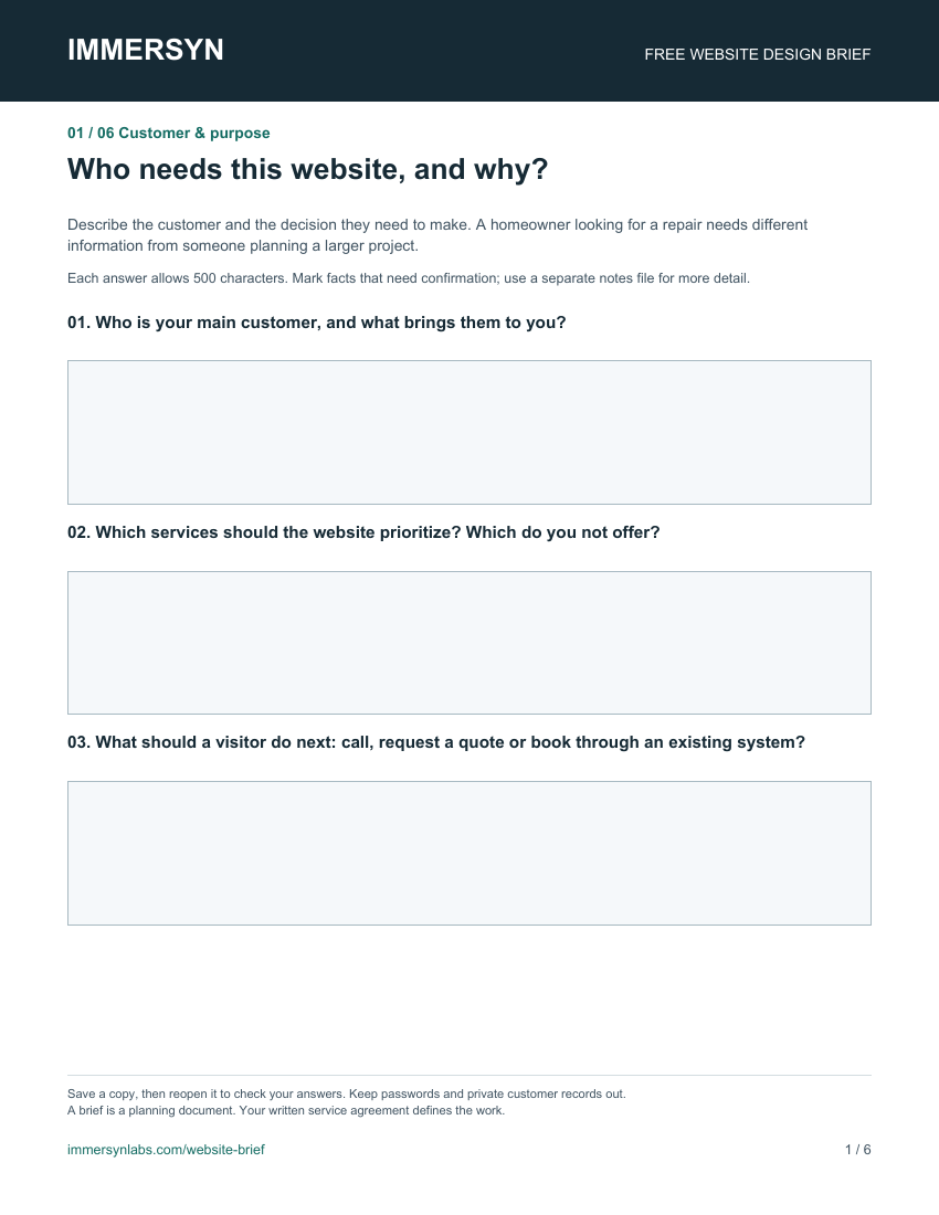 First page of the website brief PDF: Customer and purpose, with three questions and blank answer fields.